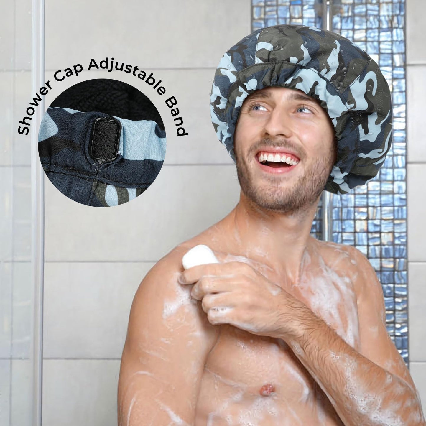 Shower Cap for Men Blue Camouflage Bath Cap, Reversible Large Waterproof Adjustable Shower Caps Terry Lining & Elastic Band Stretch Hem Hair Hat