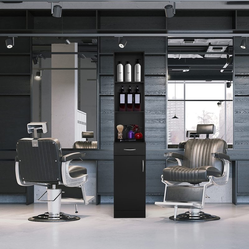 mefeir Salon Station, Barber Hair Stylist Storage Cabinet with Drawer, 5 Compartments & Shelf, Durable MDF, Organizer Equipment for Beauty Salon, Barbershop, Black