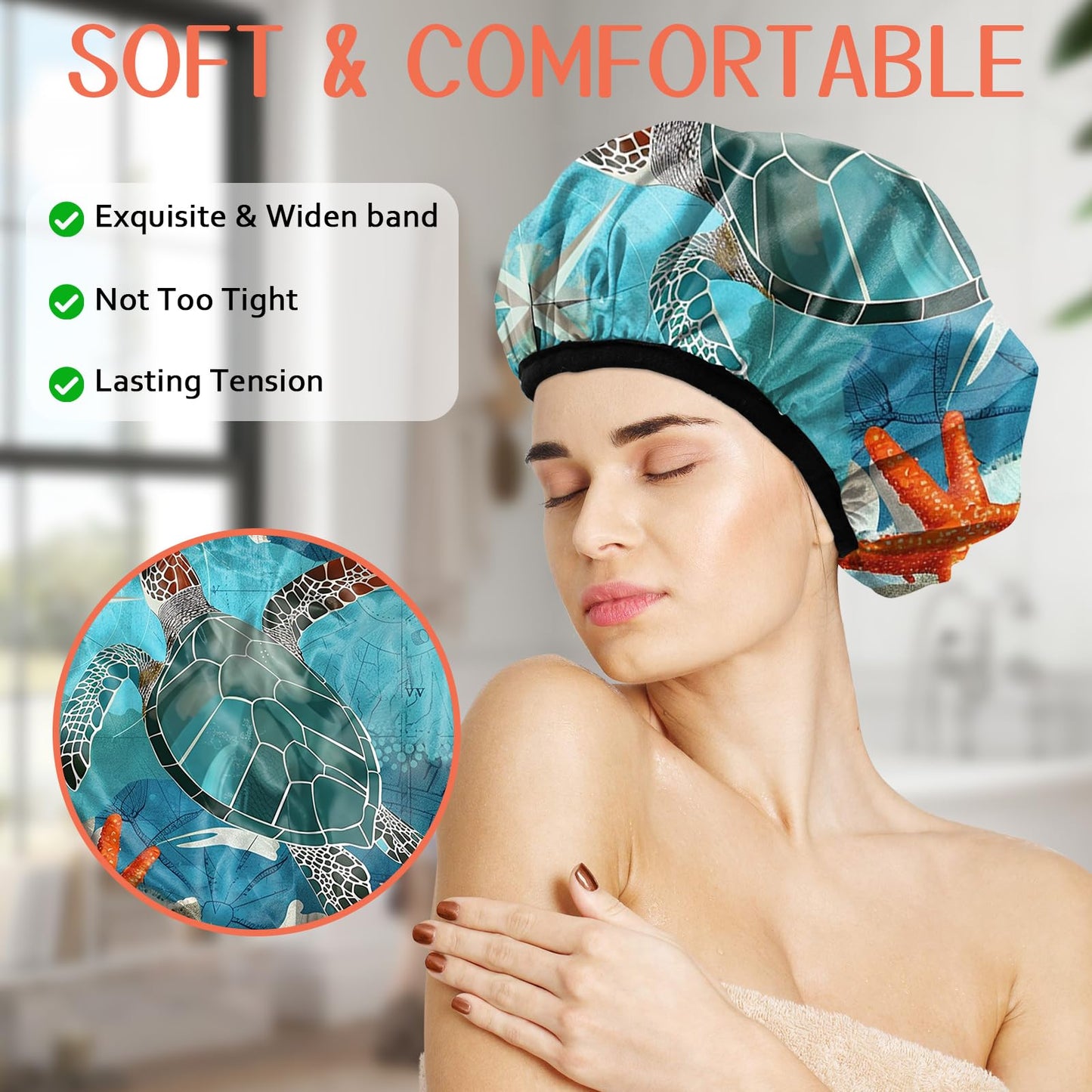 Cabreche Luxury Shower Cap Terry Lined Reusable Triple Layer Waterproof Hair Elastic Caps Shower Bath Hat for Women Girls Cute Aesthetic-Sea Turtle