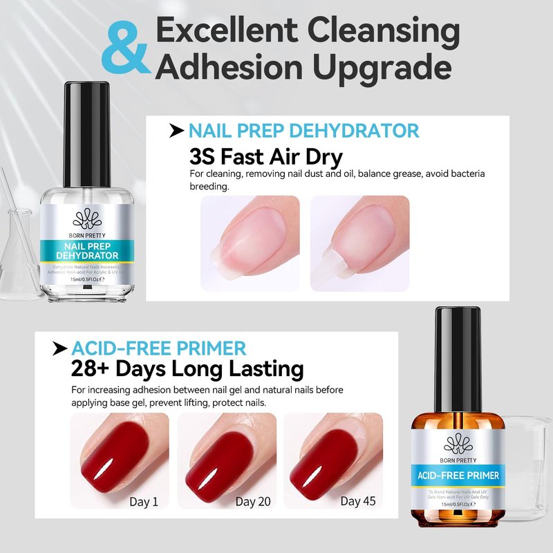 BORN PRETTY 15ml Nail Prep Dehydrate & Bond Nail-Primer Set,Natural Acid-Free Formula for Acrylic & Gel Polish,Superior Adhesion with Fast-Dry Gift Box Professional Salons Set