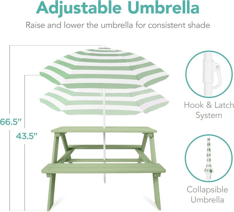 Best Choice Products Wooden Kids Picnic Table - Outdoor Activity Set with Umbrella & Built-In Benches, Sage Color
