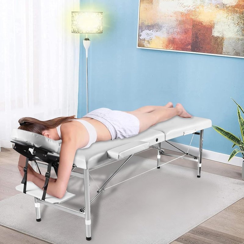 Portable Massage Table - Foldable Height Adjustable Lash Bed | PU Leather Facial Tattoo Bed (White)