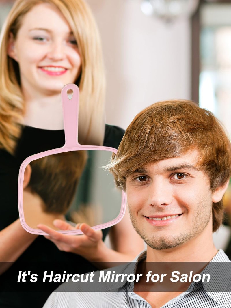 Gladmart Hand Mirror Salon Barber Hairdressing Handheld Mirror with Handle(Square,Black and Pink,7.4 x 10.3 inches)