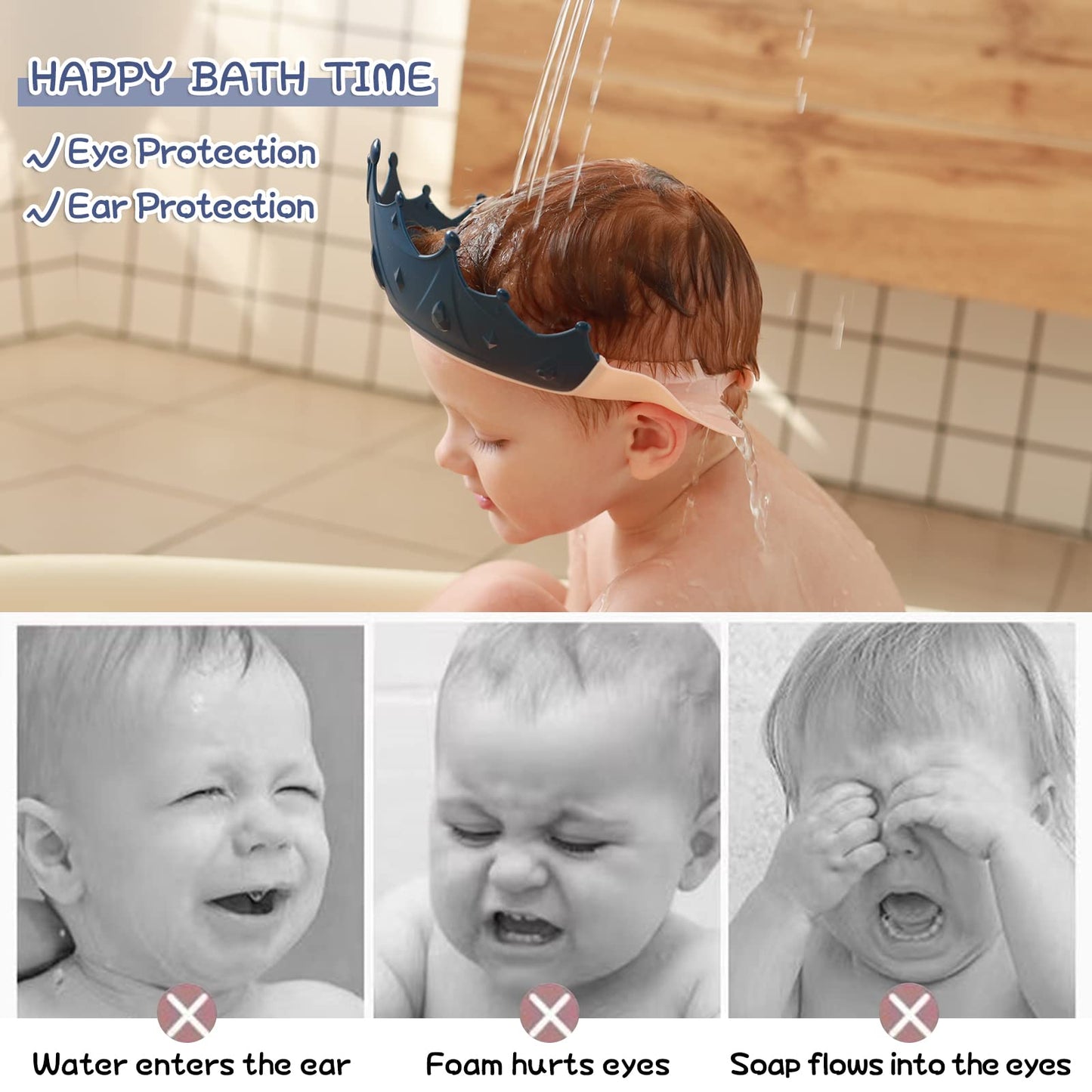 FUSACONY Baby Shower Cap Shield, Shower Cap for Kids, Visor Hat for Eye and Ear Protection for 0-9 Years Old Children, Cute Crown Shape Makes The Baby Bath More Fun(Blue)