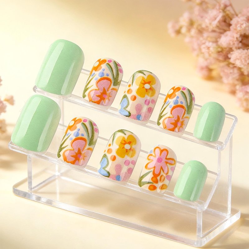 Sage Green Press on Nails Short Square Fake Nails with Cute Flowers Design Spring Summer False Nails Press ons Glossy Stick on Nail Reusable Artificial Glue on Nails for Women 24Pcs