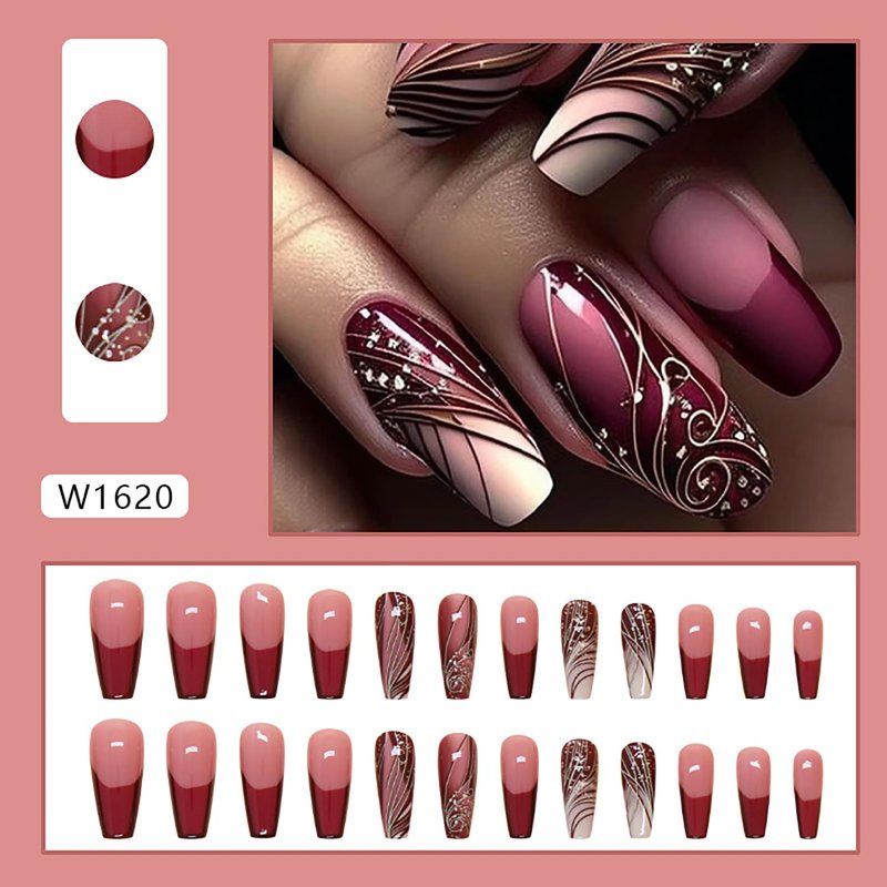 Press On Nails - Medium Length Red French Design with Gold Lines | Reusable Acrylic Full Cover 24 Pcs