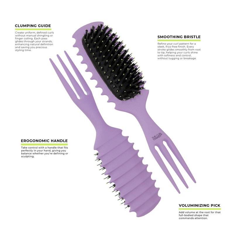 Purple Mango Beauty Curl Trainer Pro Curl Defining Brush for Curly & Wavy Hair, Styling Brush with Built-In Volume Pick - Purple