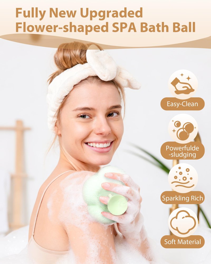 2 Pcs Bath Sponge, 2026 Upgrade Super Soft Yellow Flower-Shaped Suction Cup Bath Sponge, Upgraded 2-in-1 Flower-Shaped Ball Exfoliating Bath loofah Cleaning Brush, Mesh Shower Body Sponge(2 Color