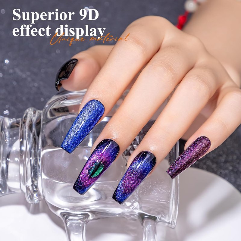 MIZHSE 9D Cat Eye Gel Nail Polish Set - Glitter Chameleon Magnetic Gel with Black & 2 Magnet Sticks
