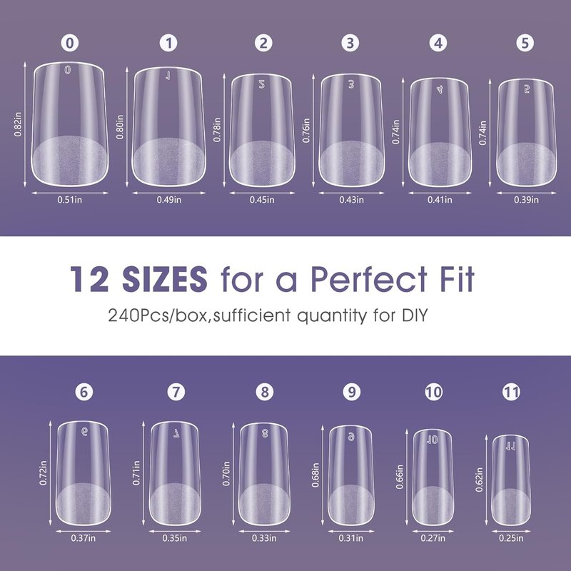 Short Square Gel Nail Tips - 240 PCS Full Cover Acrylic Fake Nails for DIY Manicure | 12 Sizes Available