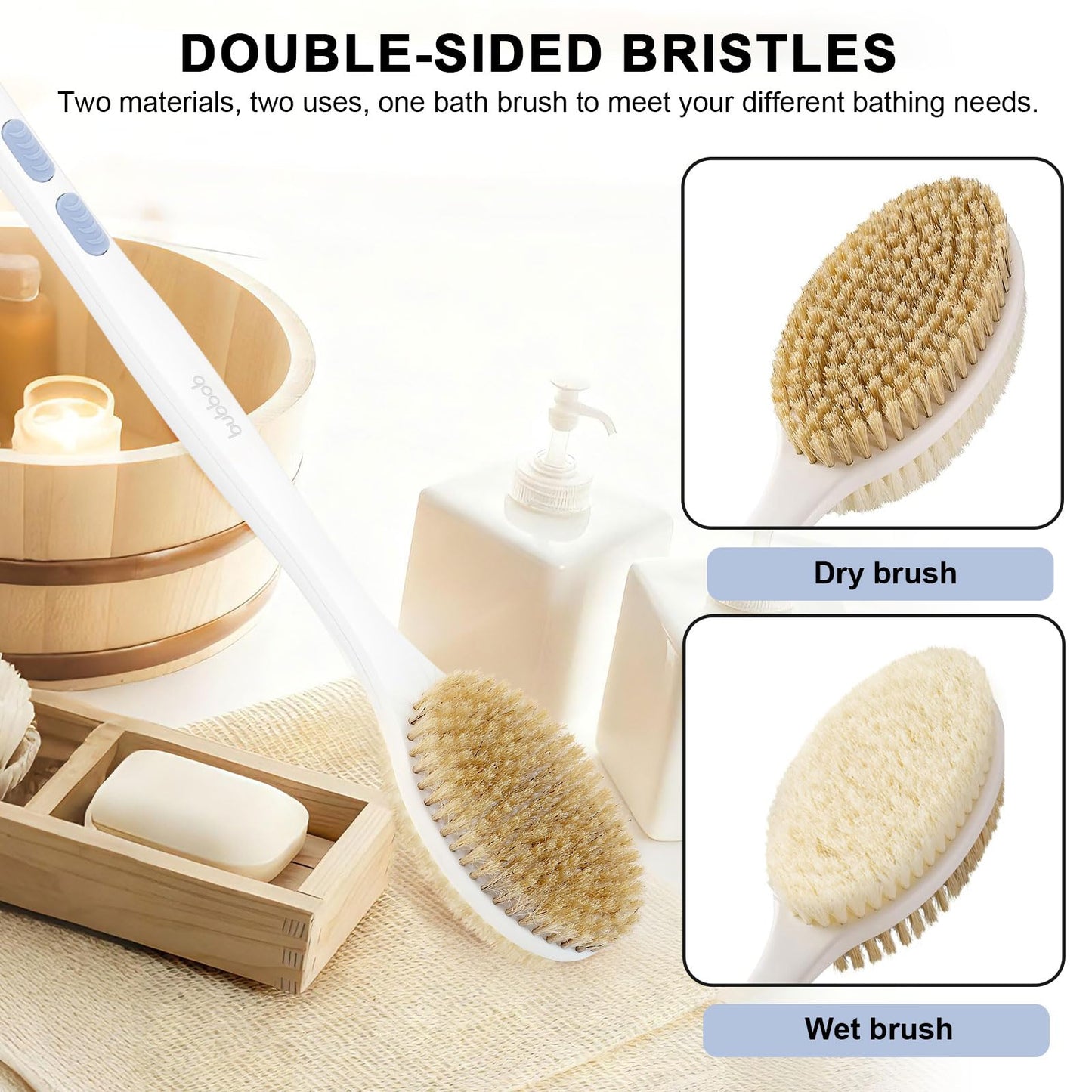 Bubbob Back Scrubber for Shower with Long Handle, Exfoliating Bath Brush for Body - Double Sided Bristles (Stiff & Soft), Anti-Slip Grip, Lightweight - Gift for Seniors, Includes Lanyard & Hook, Blue