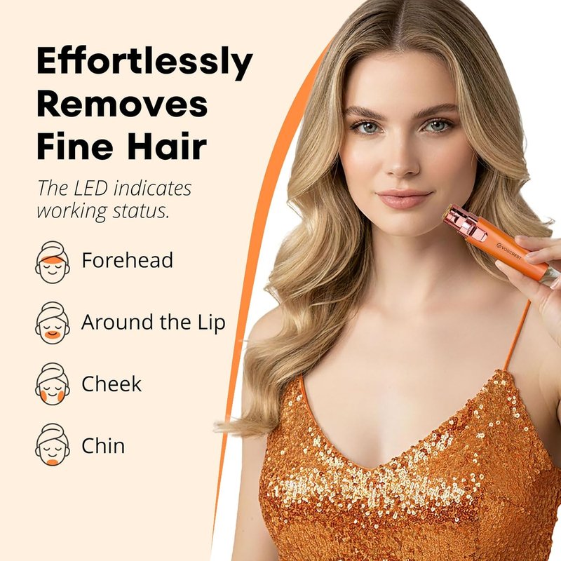Eyebrow Facial Trimmer - 2-in-1 Rechargeable Hair Removal & Shaver | Painless Razor with LED Light (Orange)