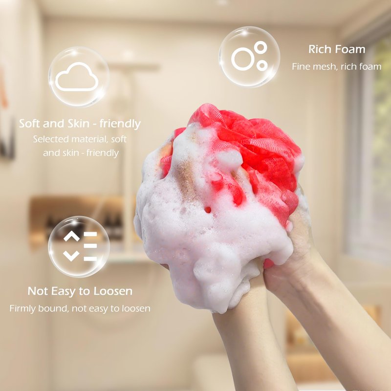 Bath Shower Loofah with Strawberry-Scented Soap – Soft & Exfoliating Body Scrubber, Soap-Infused Loofah, Luxurious Spa Experience, Durable (Red - Strawberry, Medium (Pack of 1))