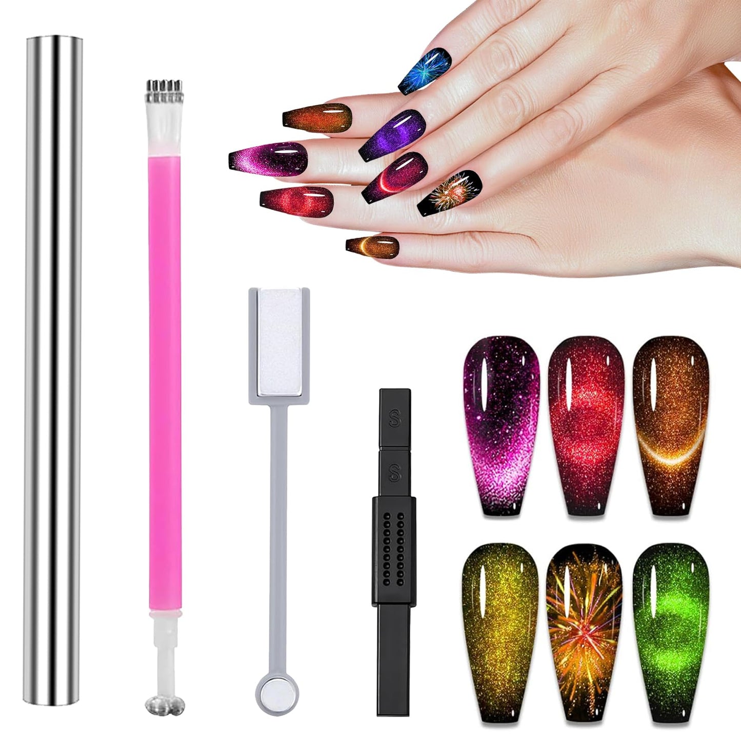 YECIRALA 4 Pieces 3D Cat Eye Nail Art Magnets Tool Set For Cat Eye Nails Polish Magnet Wand Magnetic Pen For DIY Gel Polish Nail Art Designs Magnets Double Ended Magnet Wand Magnet Sticks