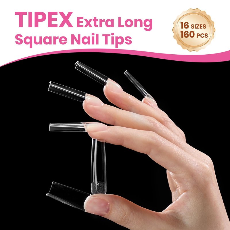 Beetles Tipex Lite Instant Apex Nail Tips, XL Long Square, 16 Sizes | 00–14, 160PCS, Built-in Apex Acrylic Tips for Flat & Natural Nail Beds, Beginner-Friendly Easy DIY Nail Extensions