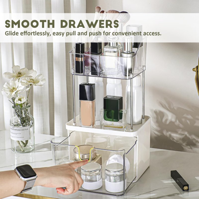 FORUP Makeup Organizer for Vanity, 2-Tier 1-Drawer Bathroom Counter Organizer, Multi-Purpose Vanity Organizer, Skincare Perfume Organizers, Cosmetic Dresser Organizer for Vanity Countertop, Clear