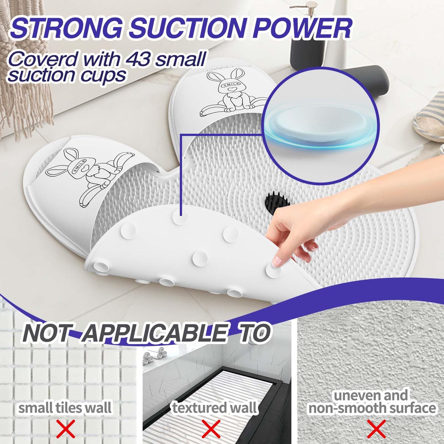 Manmihealth Extra-Large Shower Foot Scrubber Mat with Non-Slip Suction Cups, Rabbit-Shaped Silicone Foot Scrubber in Shower for Men & Women (White)