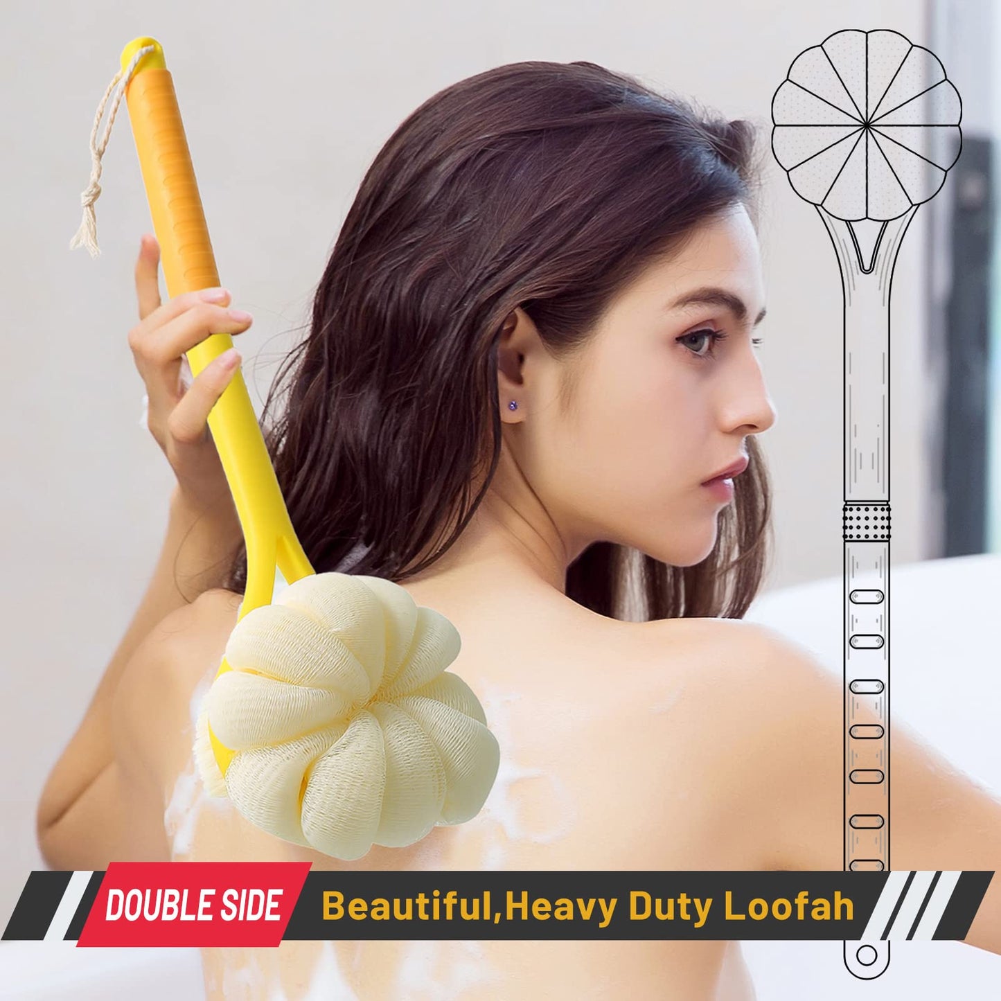 Shower Body Brush,Soft Bristles and Beautiful Pumpkin Loofah 14" Long Handle Back Scrubber Bath Mesh Sponge for Skin Exfoliating Bath,Massage Bristles Suitable for Wet or Dry,Men and Women (Yellow)