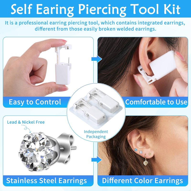 30Pcs Self Ear Piercing Kit, Disposable Ear Piercing Gun with Preloaded Piercing Studs, Professional Earring Gun with Silver Earrings for Home Salon Earlobe Cartilage Helix Tragus Piercing Tool Kit