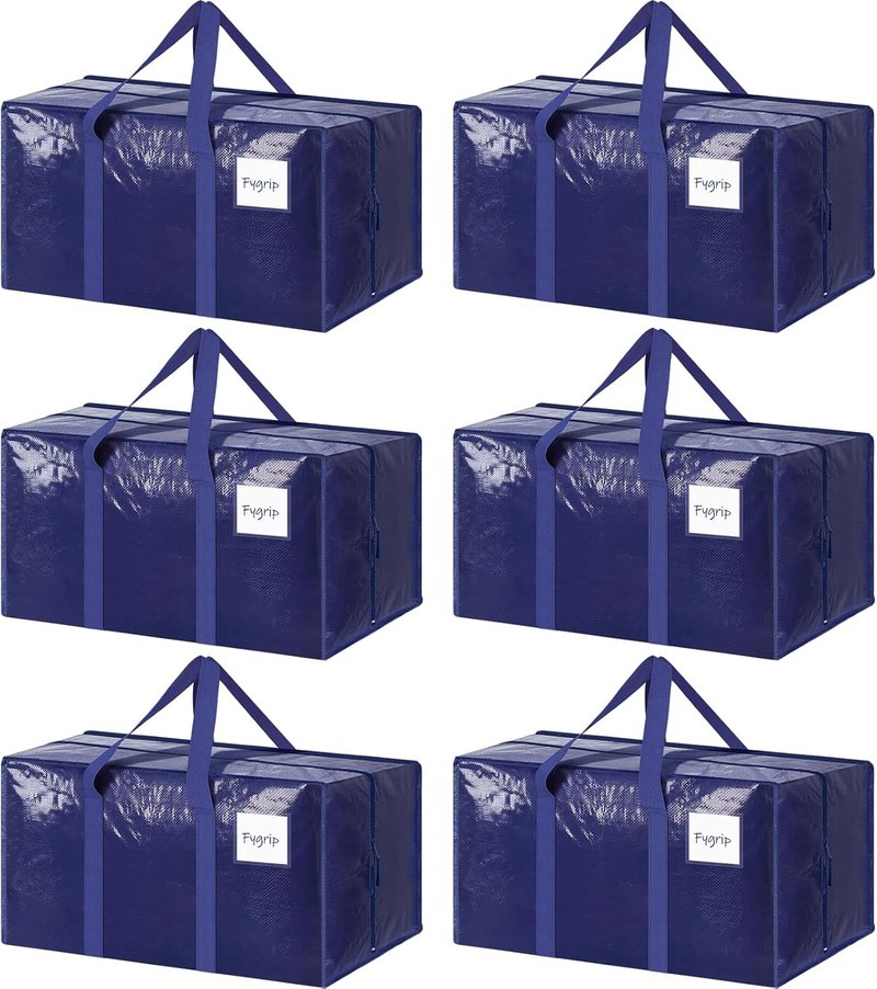 Extra Heavy Duty Large Moving Bags - 6 Pack with Strong Zipper & Comfortable Handles | Durable Blue Storage Totes for College Supplies
