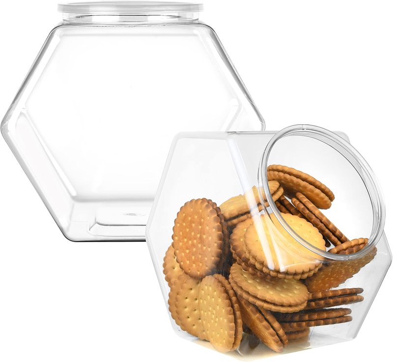 DilaBee 1 Gallon Hexagon Cookie Jars - 2-Pack Clear Plastic Candy Containers with Lids | BPA-Free for Kitchen & Office