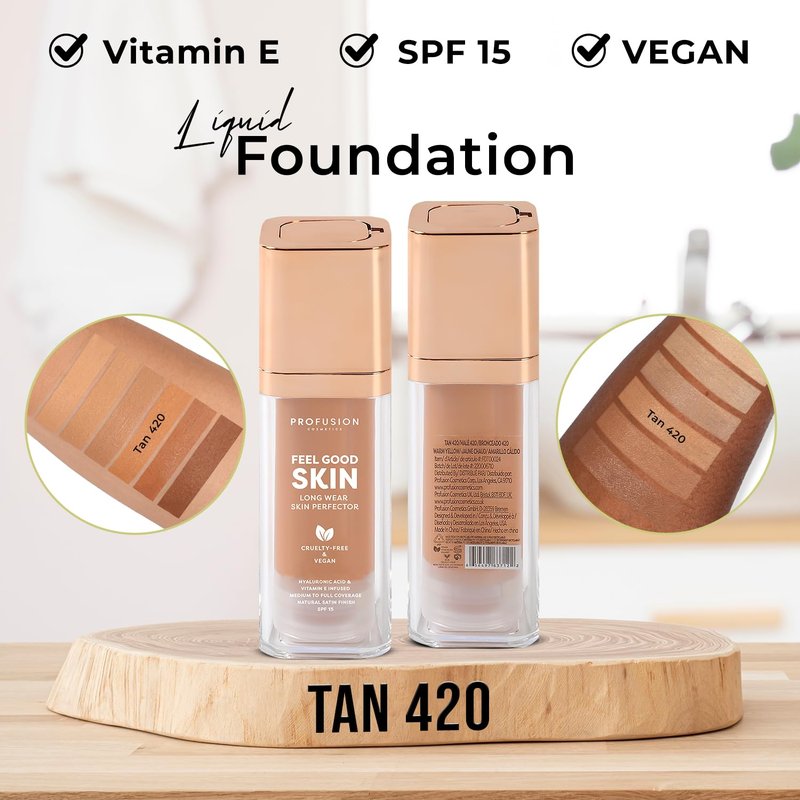 Profusion Cosmetics Feel Good Skin Foundation – Radiant Satin Finish, Buildable Coverage with SPF 15 Sun Protection, Hydrating, Lightweight, Vegan & Cruelty-Free Makeup (Tan 420, 1)