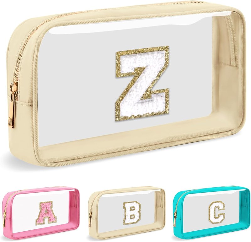 Personalized Initial Letter Clear Makeup Bag - Preppy Nylon & PVC Cosmetic Zipper Bag | Trendy Monogram Gift for Teen Girls - Z