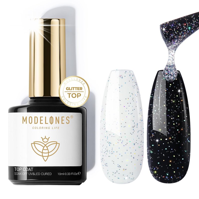 Modelones Glitter Gel Top Coat - Reflective Iridescent Silver Glitter | Long-Lasting No Wipe Nail Polish