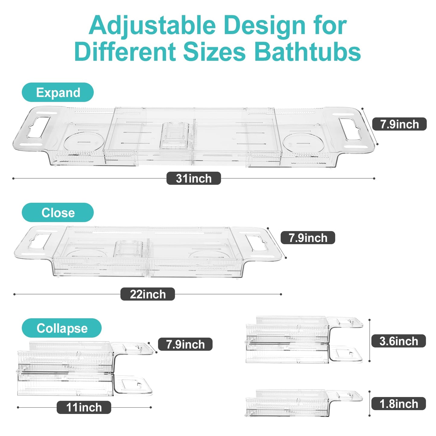 Expandable Bathtub Tray Caddy, Clear Bath Tray for Tub for Bath Relaxing, Foldable Bath Table Trays, Bathtub & Bathroom Accessories for Women Gift, Anniversary or Wedding Gifts, New Home