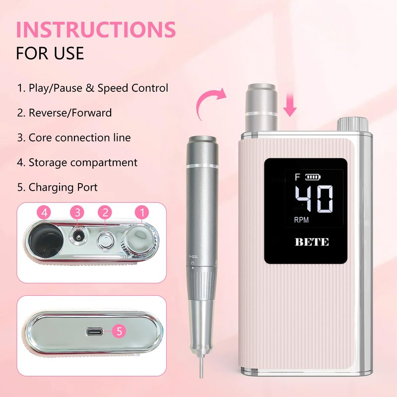 BETE Professional Nail Drill, 40000 RPM Cordless Electric Nail File Kit with 6 Bits, Rechargeable Efile for Acrylic Gel Nails Polishing, Manicure Tools for Salon Home Use, Pink