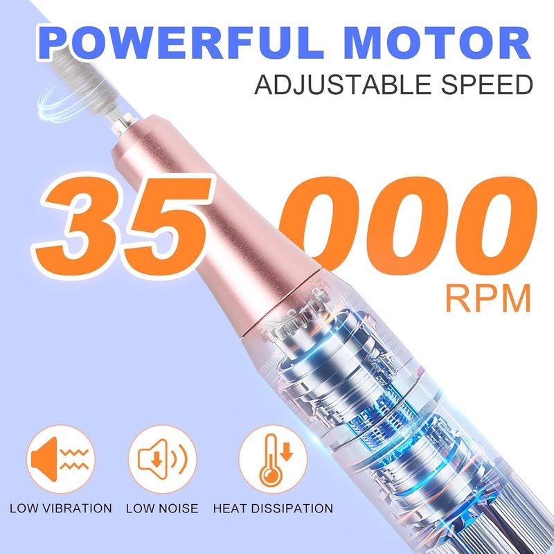 Electric Nail Drill Kit - 35,000 RPM Professional Nail File with 12 Bits | Cordless E-Filer for Home & Salon (Orange Blue)