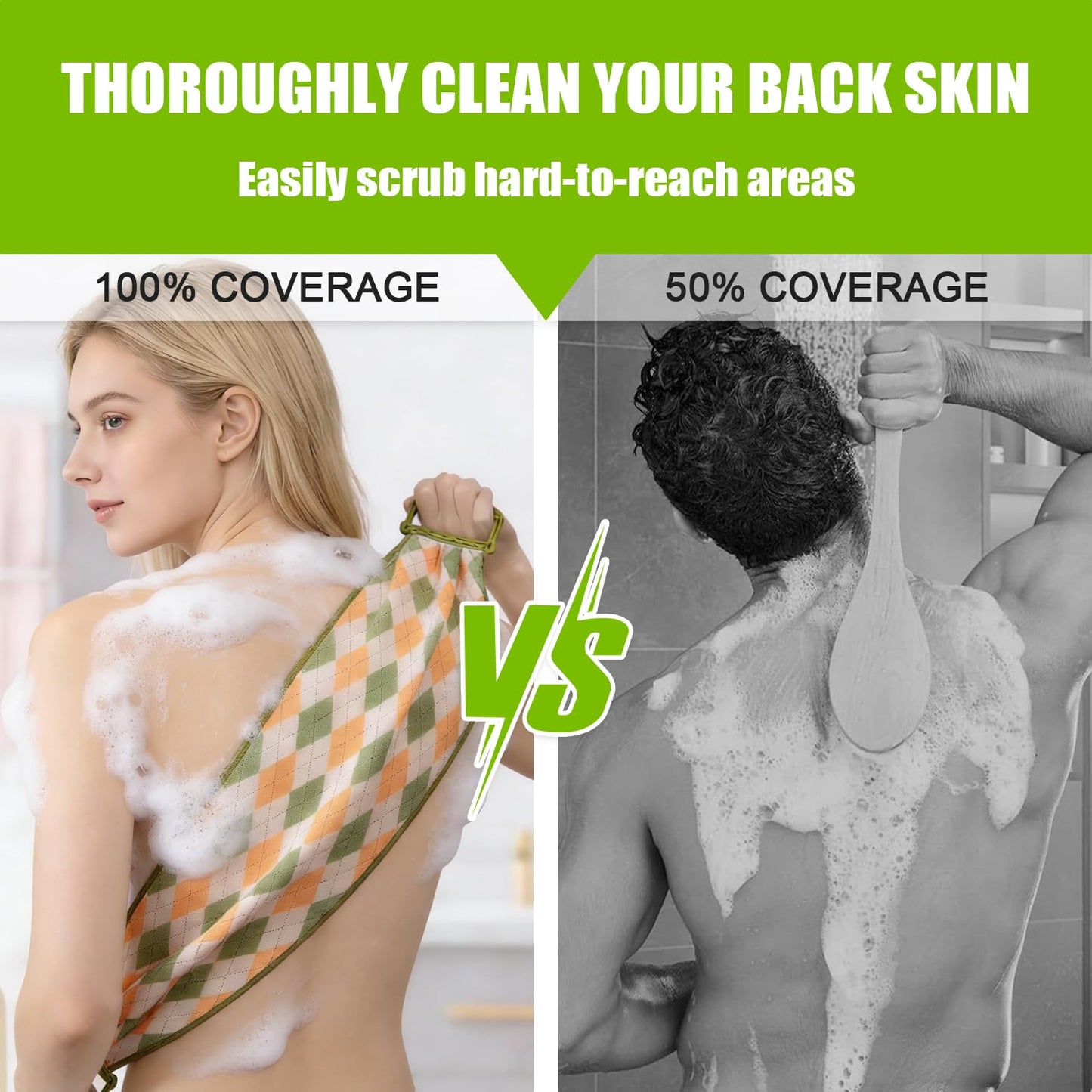 Back Scrubber with Handles for Women, 38 Inches Double-Sided Exfoliating Shower Towel Body Scrubber, Back Exfoliator Body Cleaner to Scrub Your Skin, Bath Scrubber for Body, Back Washer for Shower