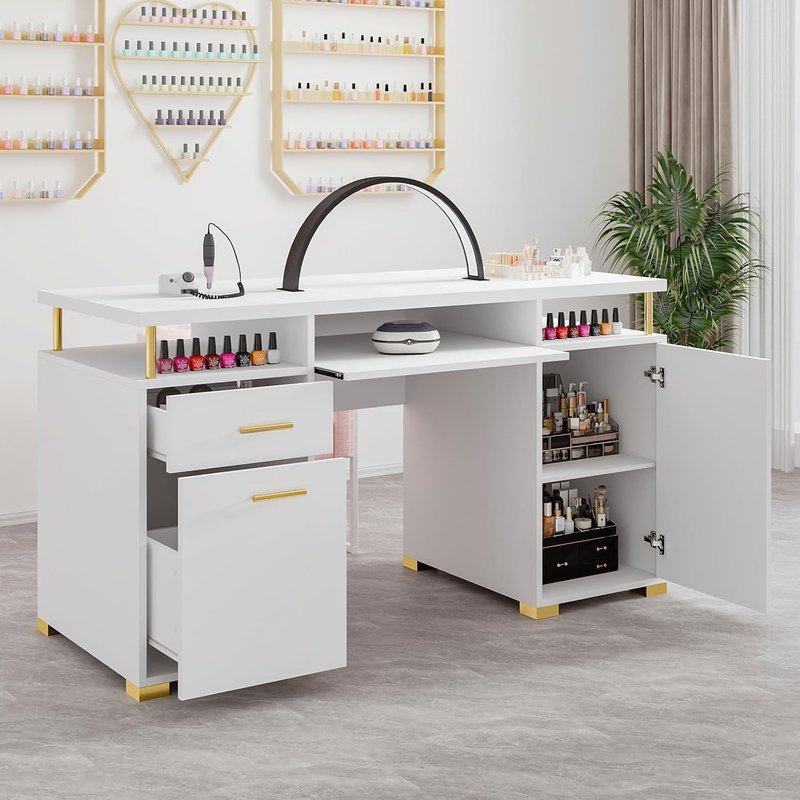 MaverickFurni White Nail Desk for Nail Tech, Manicure Table with 2 Drawers and Cabinet, 55 Inch Nail Table with Adjustable Shelf, Manicure Table Nail Station, White and Gold