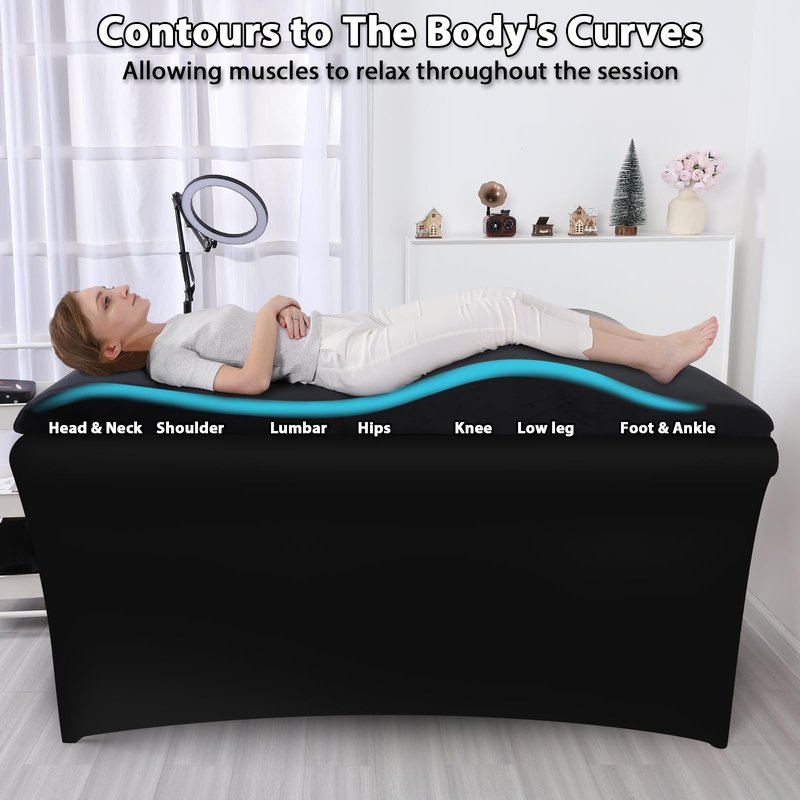 Luxurious Curved Lash Bed Topper & Bed Cover - Ergonomic Massage Table FoamTopper Wave Mattress Support The Body 30D High Density Foam with Salon Be Cover - Black