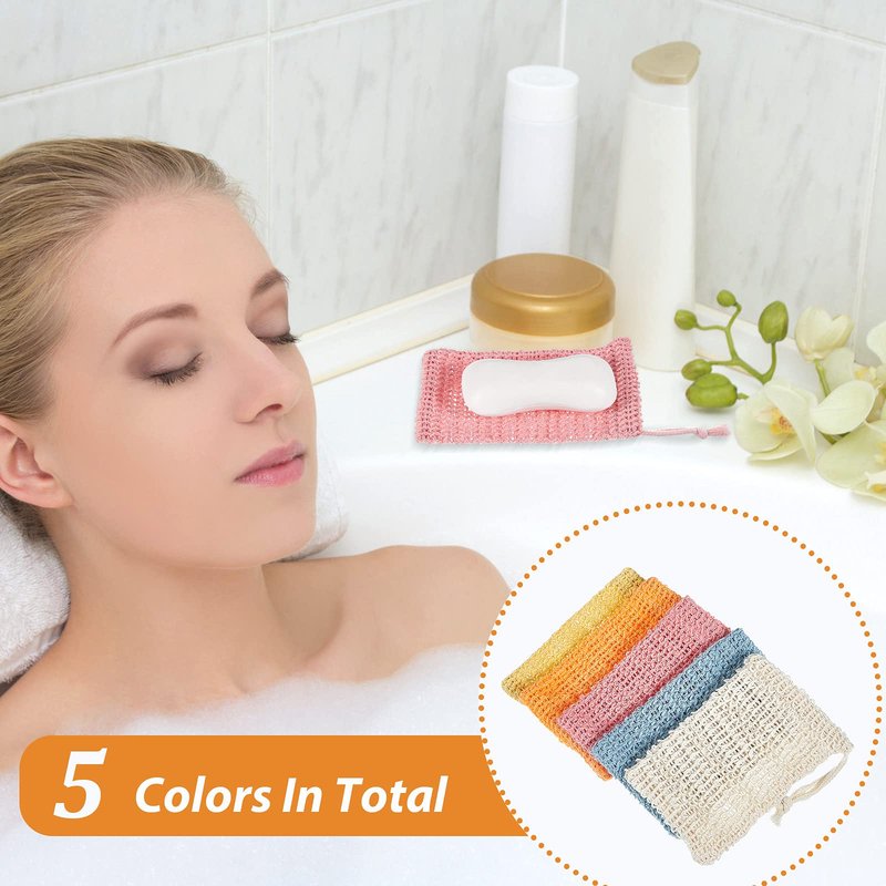 BBTO 5 Pieces Soap Saver Bag Cotton Linen Exfoliating Soap Pouch for Foaming and Drying, Shower, Scrubber(9 x 14 cm,White, Pink, Blue, Yellow, Orange)