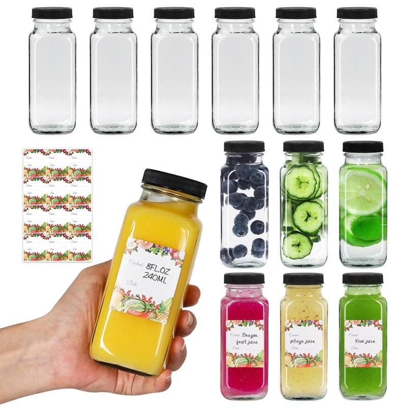 Alotpower 8 oz Glass Juice Bottles with Lids 12Pack, 240ml Square Reusable Drinking Bottles for Juicing, Water, Kombucha Juices, Milk, Beverages and More (8fl.oz, Set of 12)
