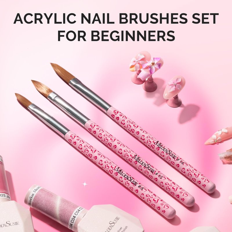 MelodySusie 3-Piece Acrylic Nail Brush Set - Sizes 8/10/14, Professional Nail Art Tool for Acrylic Application, Powder, Extension & 3D Carving - Pink