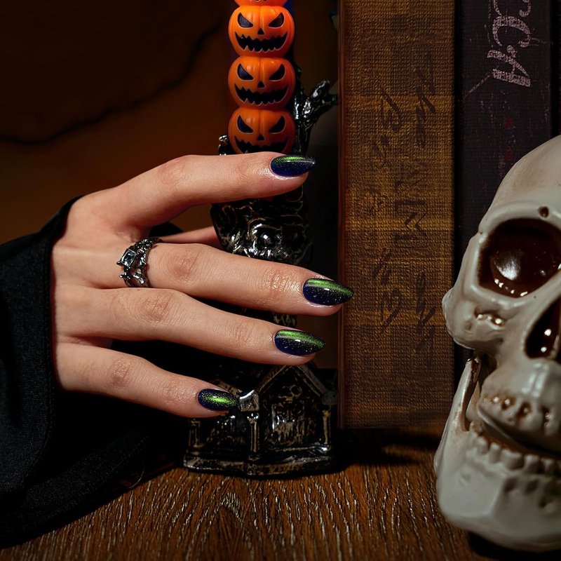 Press On Nails - Witch's Emerald & Sparkle Cat Eye Blue | Halloween Almond Gel Nails Kit - 16 Sizes, 32 Pieces