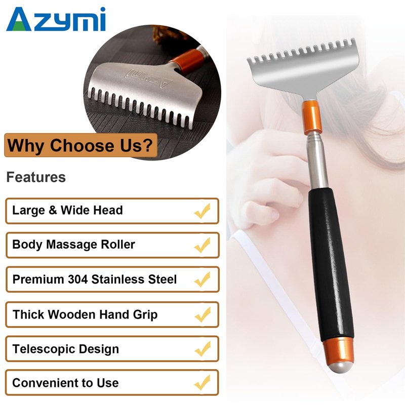 Azymi Large Back Scratcher, Strong Backscratchers for Men Women Extendable with Wider Rake Steel Claw-Wooden Handle- Massage Roller, Portable Metal Head Body Scratcher Massager
