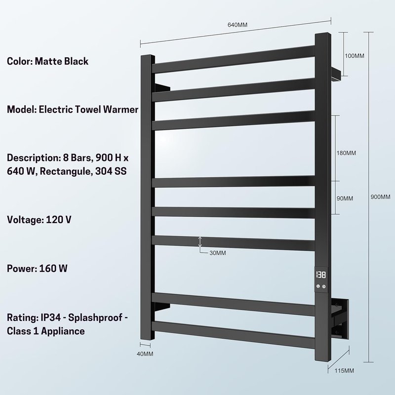 Skiennix Electric Heated Towel Warmer - Fast Heating with Auto Shut-Off Timer | Matte Black, Wall-Mounted