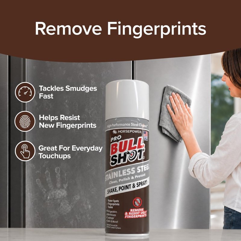 Bull Shot Stainless Steel Cleaner Spray - Cleans, Polishes & Protects | Removes Fingerprints & Streaks