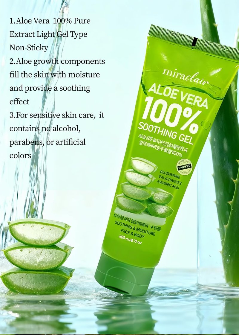 Aloe Vera Gel - 100% Pure Moisturizing Gel for Face & Body | Soothing Sunburn Relief, Travel Size 8.79 oz