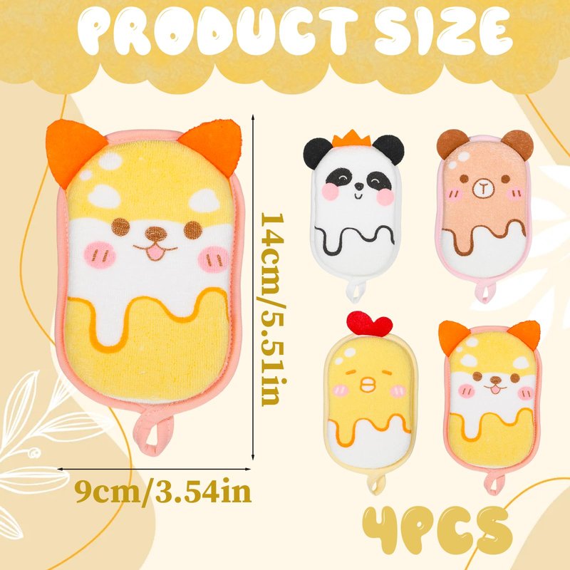 Cartoon Animal Style Baby Sponges, 4 Pcs Kids Bath Sponge, Bath Loofah Sponge, Soft and Absorbent Exfoliating Body Scrubber for Shower Washing Exfoliating Kids Baby Women Boys and Girl