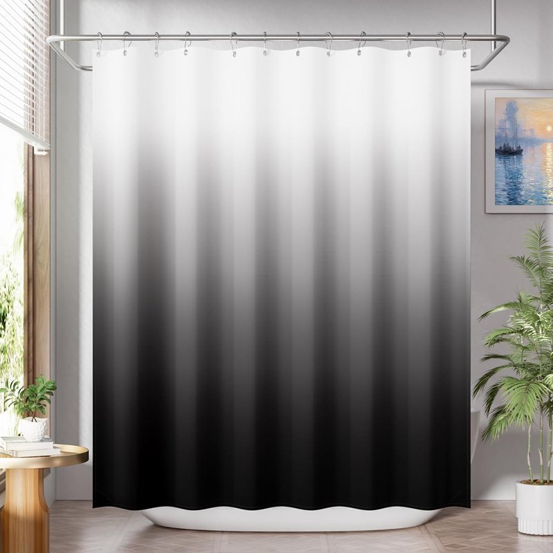 AmazerBath Ombre Black Shower Curtain Set - Washable Fabric with 12 Hooks | 72x72 Inches