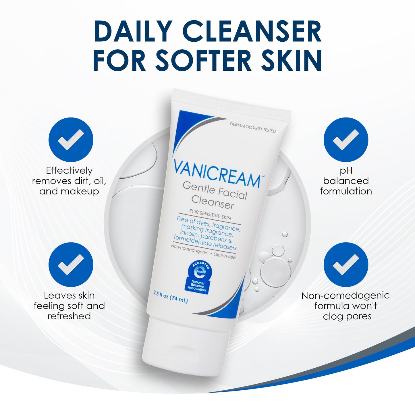 Vanicream Gentle Facial Cleaner, 2.5 Fl Oz, Formulated without Common Irritants for Sensitive Skin, Removes Makeup, Dirt & Excess Oils, Non-Comedogenic, pH-Balanced Face Wash