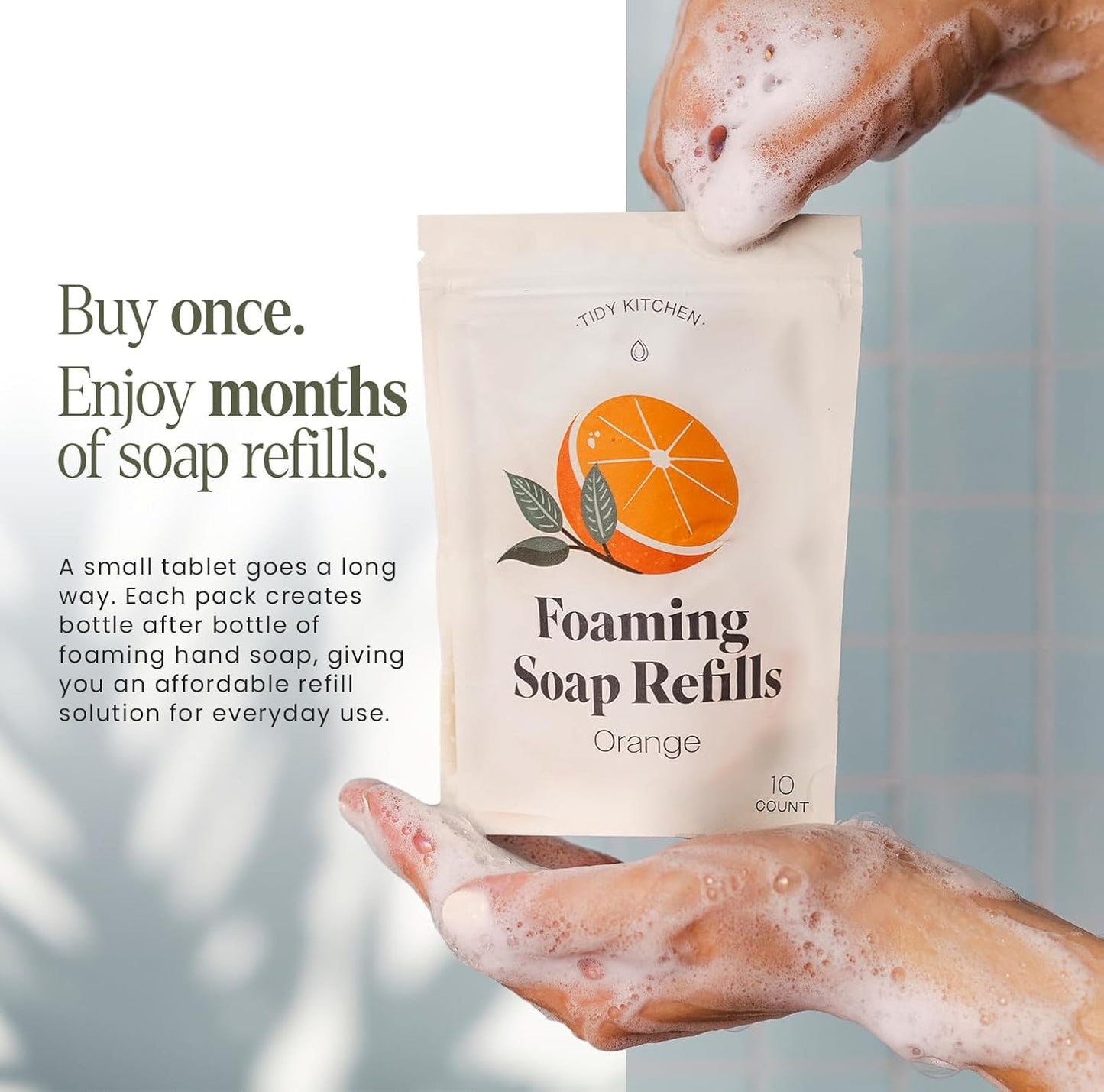 Tidy Kitchen Foaming Hand Soap Tablets - Gentle Moisturizing Foam Refill Pack (10 Count, Orange Scent)