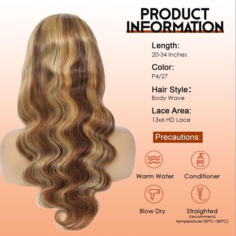 Hepnok 30 Inch Highlight Ombre Lace Front Wig Human Hair Honey Blonde Body Wave 13x6 HD Lace Front Wigs Human Hair Pre Plucked 200 Density Brown 4/27 Colored Lace Frontal Glueless Wigs for Women