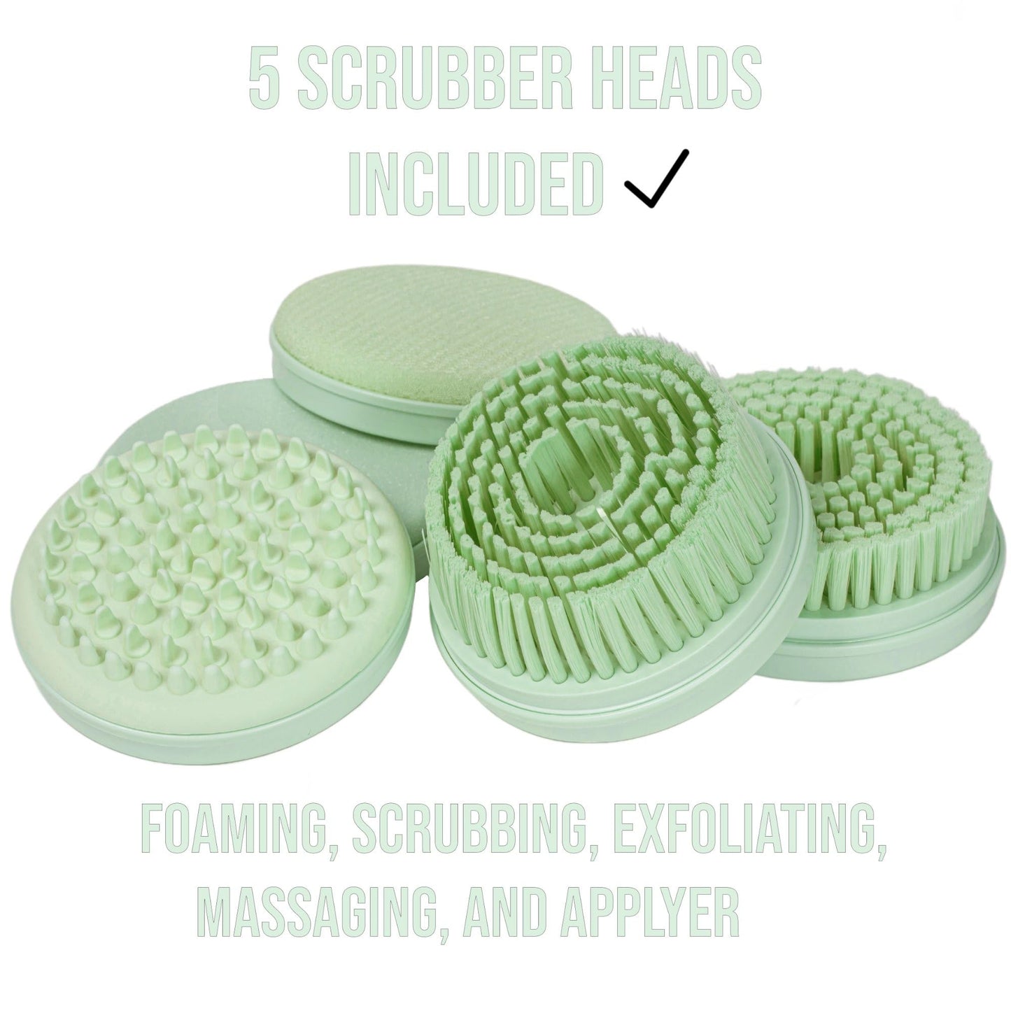Aurelux Electric Body Brush Back Scrubber for Shower, Waterproof Rechargeable Bath & Body Brush with Long Dual Handle, 5 Heads, 2 Speeds, Nylon Bristles for Cleansing, Exfoliating and Massaging Skin