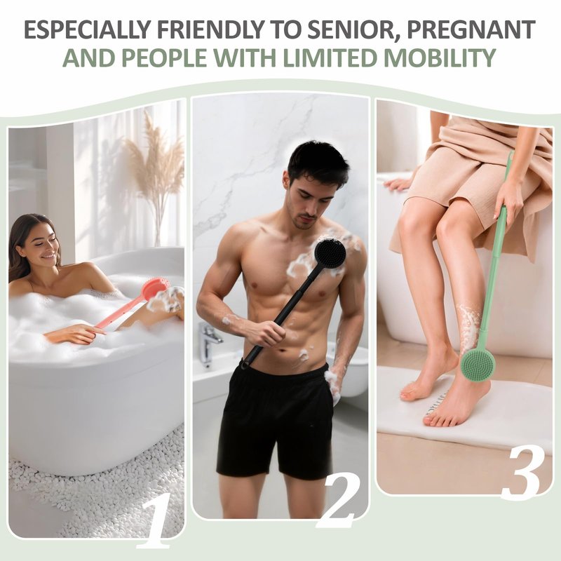 GEENOA Silicone Back Scrubber & Soft Bath Glove 2PCS, 16''- 24'' Extendable Shower Scrubber with Dual-Side Head, 360° Anti-Slip & Hand-fit Silicone Body Scrubber for Rich Foaming Deep Cleaning(Green)