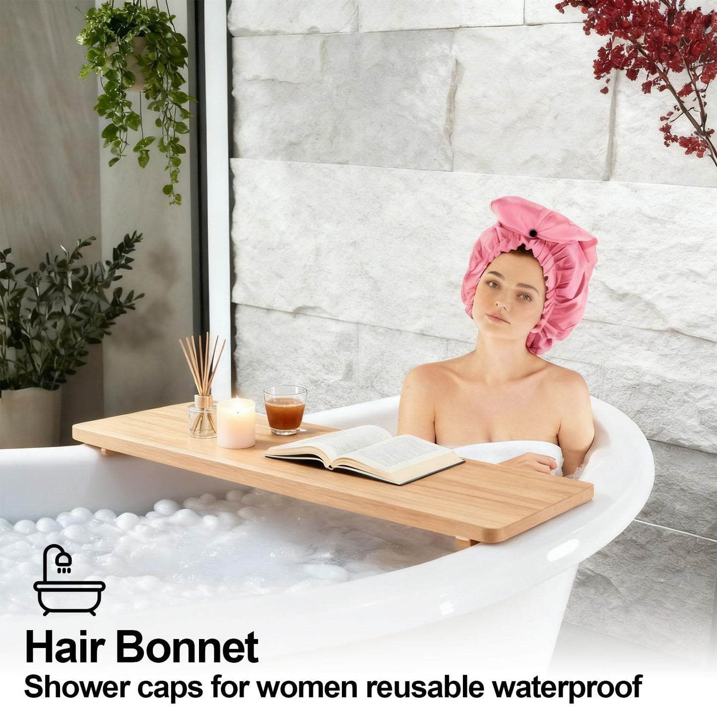 ELEBOX Extra Large Shower Cap for Braids/Curly Hair/Dreadlock | Reusable Waterproof Long Bonnets for Women Bath/Swim/Cooking/Cleaning/Spa | XL Bathing Cap with Adjustable Drawstring & Button, Pink